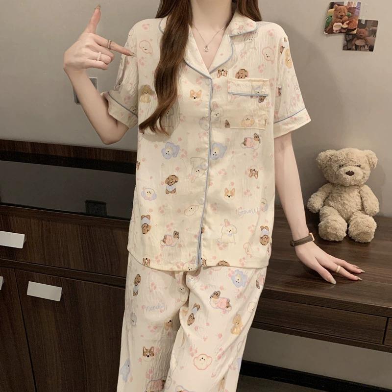 Short-sleeved Trousers, Summer Pajamas, Women's Cardigan, Casual Home Service 2-piece Suit