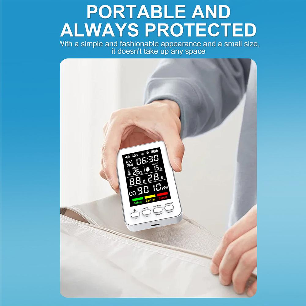 Professional 5 In 1 Portable Air Quality Detector Time Display CO Real Time Monitor Carbon Monoxide Alarm Temperature Humidity Sensors TypeC Charging