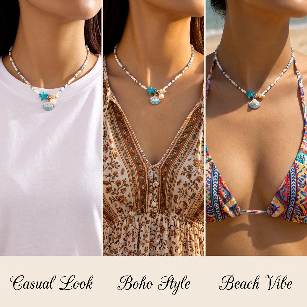 Simple Metal Shell Starfish Pendant Necklace for Women Bohemian Mixed Color Rice Beads Chain Necklace Beach Vacation Jewelry