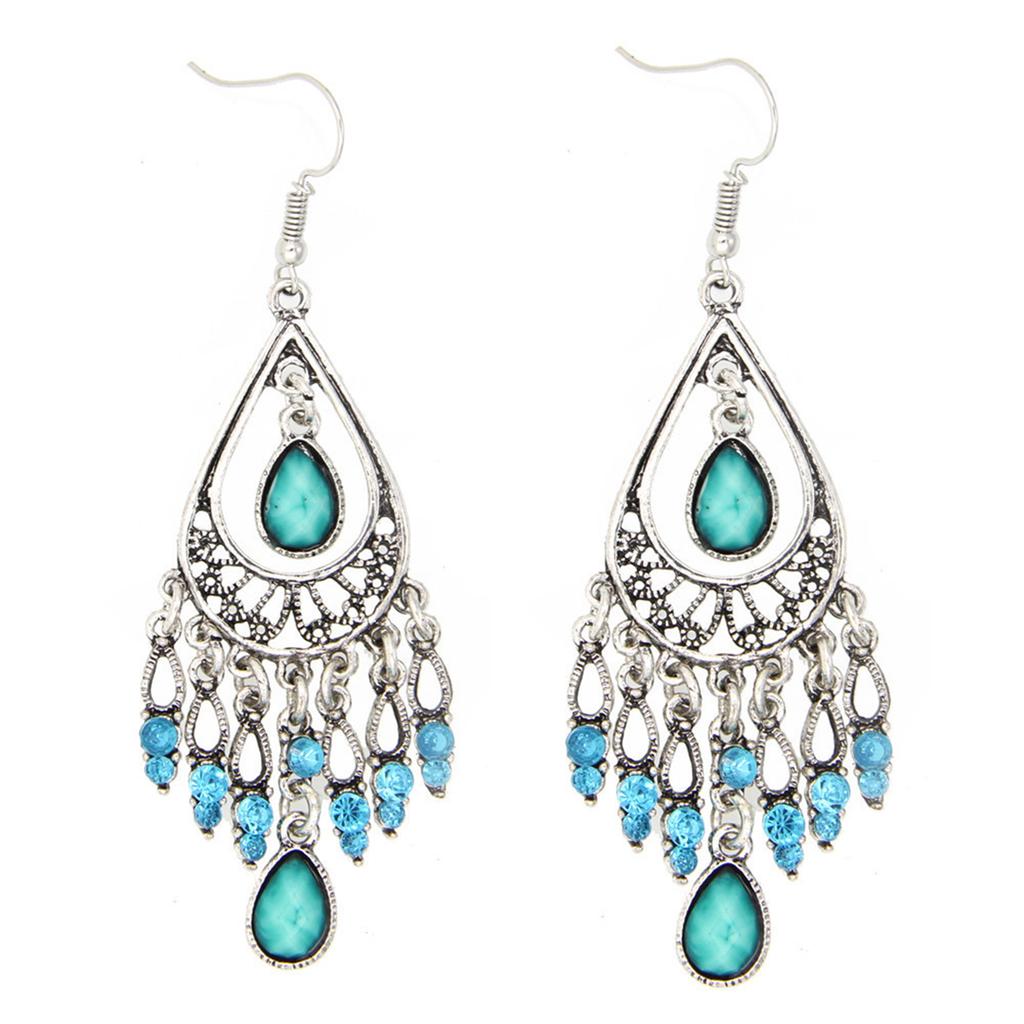 Earrings With Fashionable And Creative Ethnic , Retro Carved Flower, Water Droplet Gemstone, Tassel Earrings