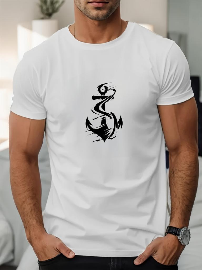 Mens Roundneck Shortsleeved Tshirt with Anchor Print 50 Cotton Materia Anchor Print Shirt Stretchable Fabric