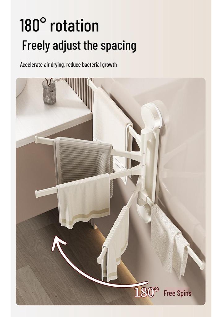 Punch-Free Rotating Towel Rack with Suction Cups - Foldable, Wall-Mounted Multi-Bar Hanger for Bathroom Storage