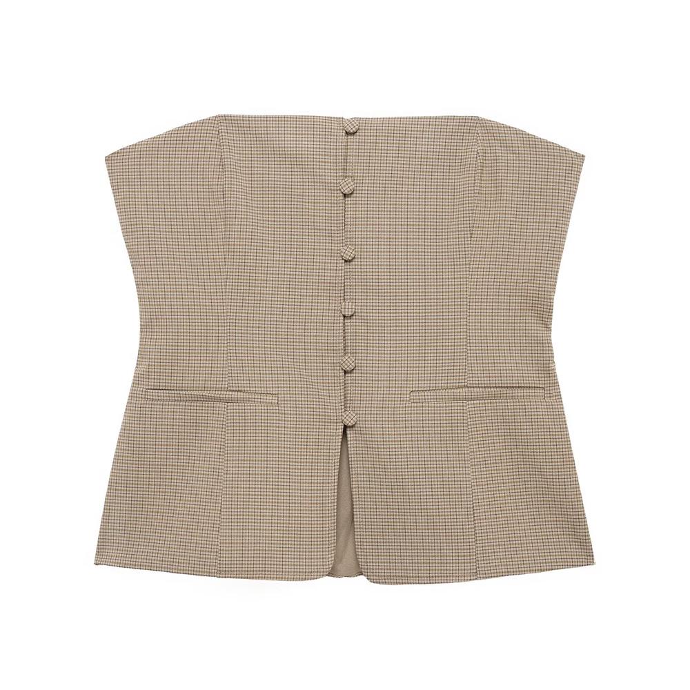 

2025 Spring Women s Slim Fit Strapless Plaid Vest Top Large