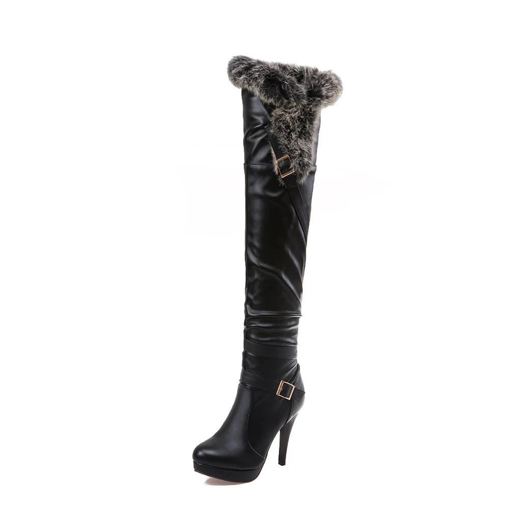 PU Soft Leather Over Knee High Heels Boots Platform Warm Woman 's Winter Long Boots Zapatos Mujer Black White Party Fetish Shoes