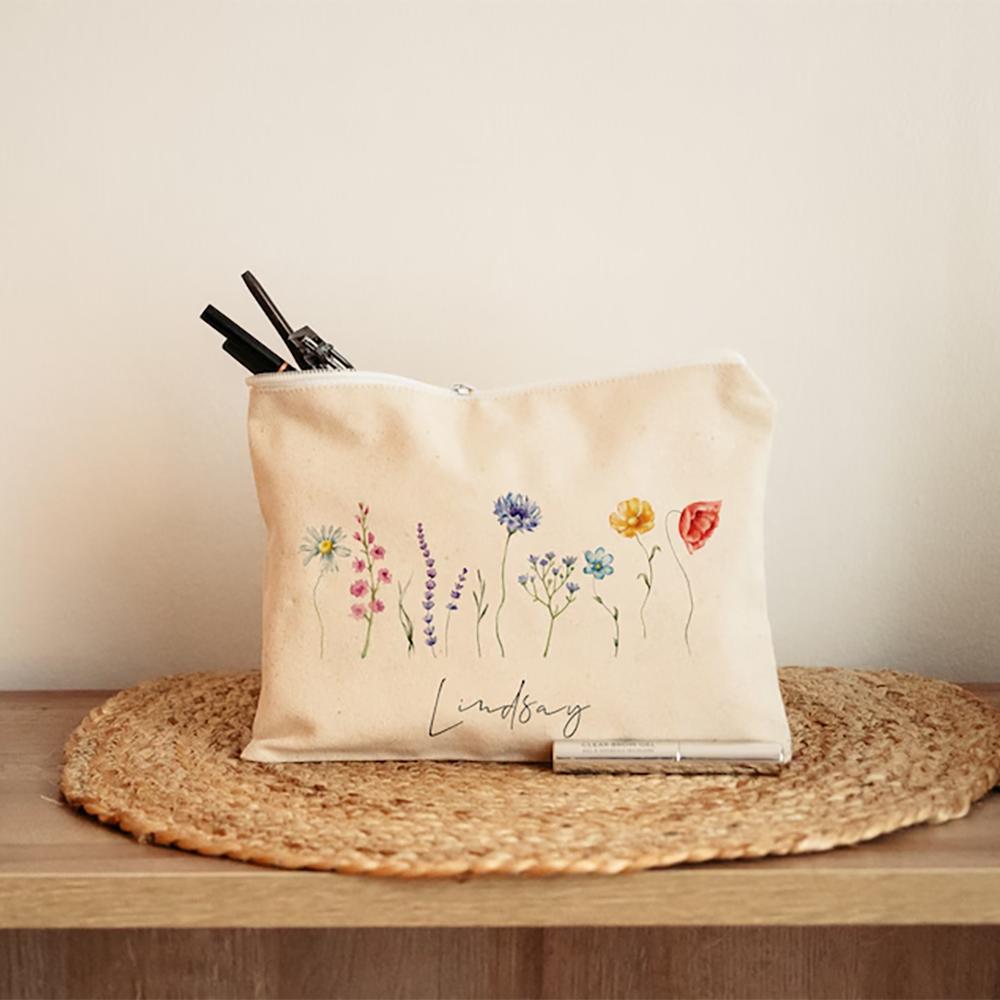Personalised Wild Flower Canvas Makeup Bag Gift for Bridesmaids Mom Weddings Birthdays Everyday Use Pencil Case Back To School