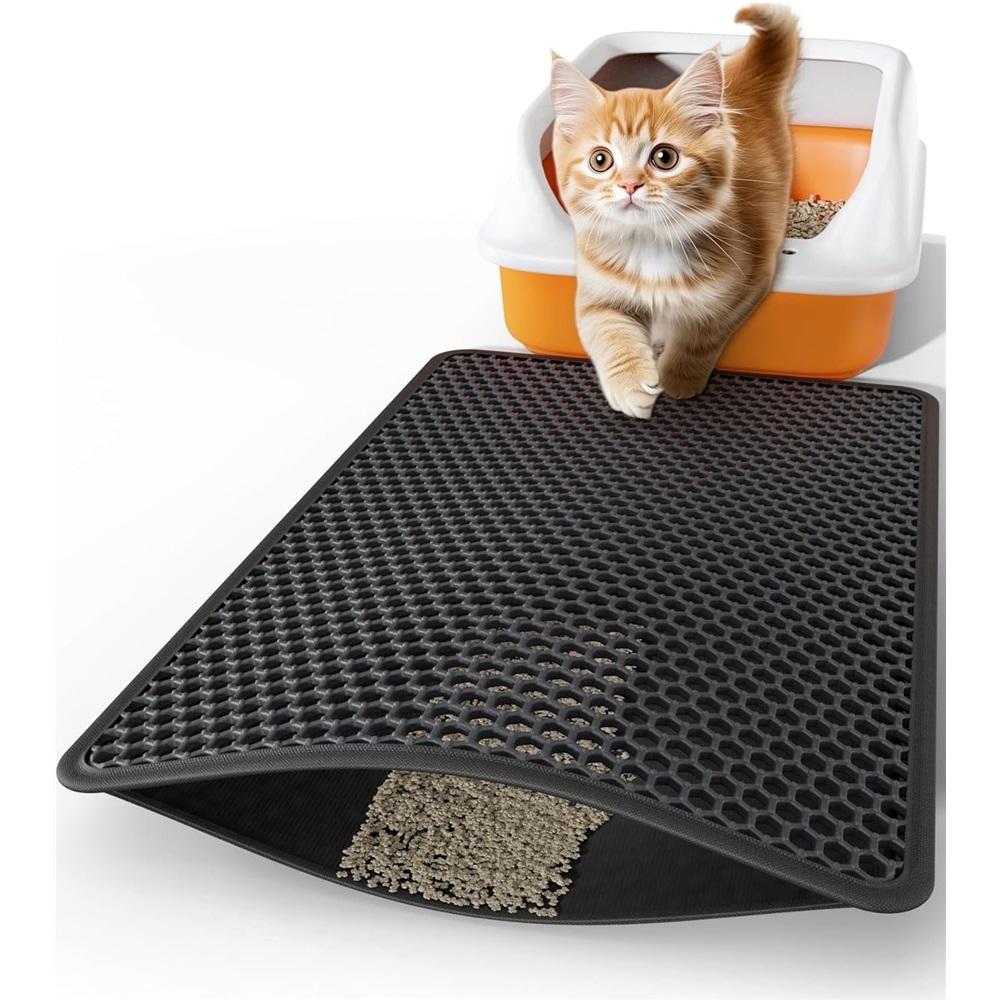 Cat litter mat, 24x18 inch large honeycomb double-layer cat litter trapping mat, non-slip, waterproof, urine-proof cat litter box mat