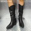Iarnă Vârf Ascuțit Femei Cizme Înalte Piele Pliuri Toc Gros Mediu Retro Pantofi Tendință 2025 Designer Pantofi cu Toc Goth Botas De Mujer