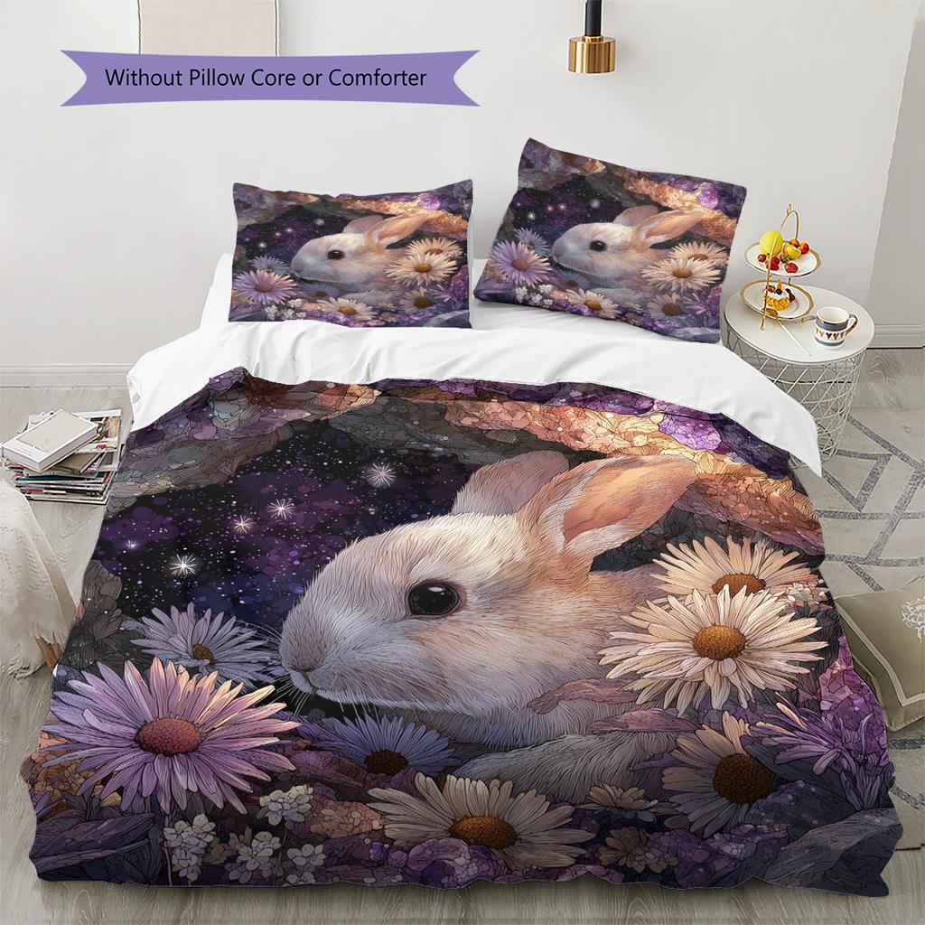 Rabbit in Flower Bush Pattern Bedding Quilt Set Home Decoration Gift (1 * duvet cover + 2 * pillowcase, without core)