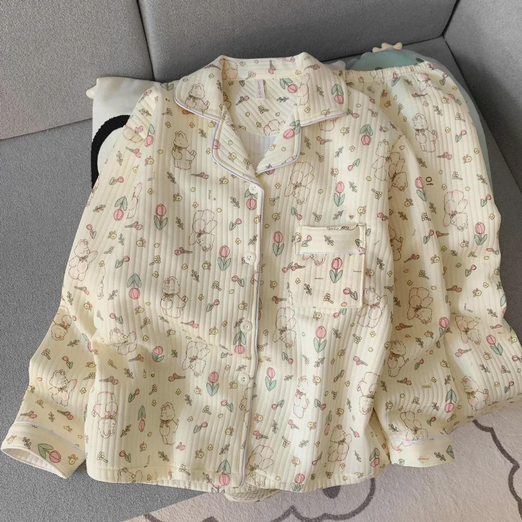 "Set de pijama de toamnă/iarnă pentru femei TikTok": Set din bumbac drăguț și călduros din două piese pentru purtat acasă"