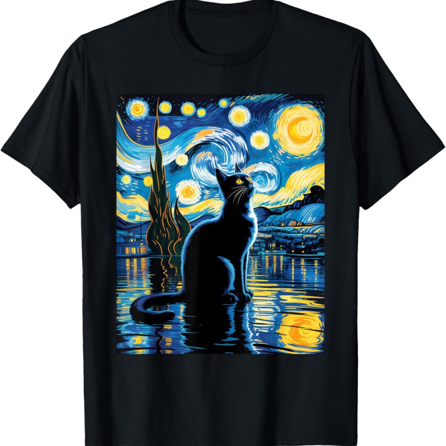 Black Cats Lover Starry Night Van Gogh for Cat Lover T-Shirt S чёрный