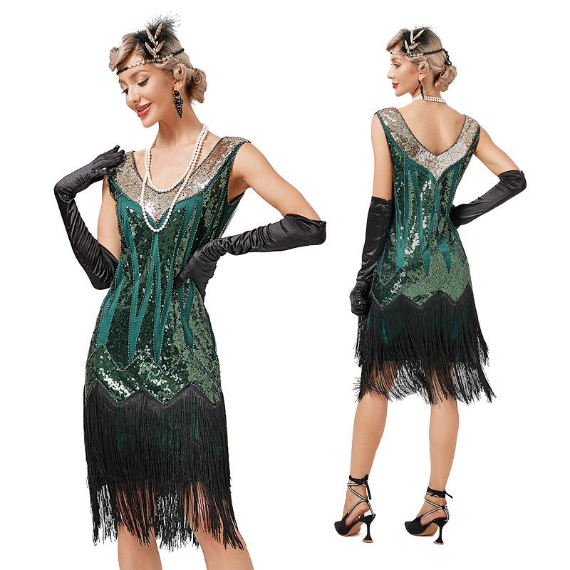 European and American retro V-neck double-layer fringed dress, Gatsby cocktail ball sequined beaded dress