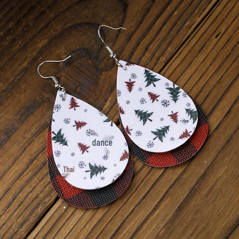 Red and Black Plaid Teardrop Christmas Tree PU Leather Earrings
