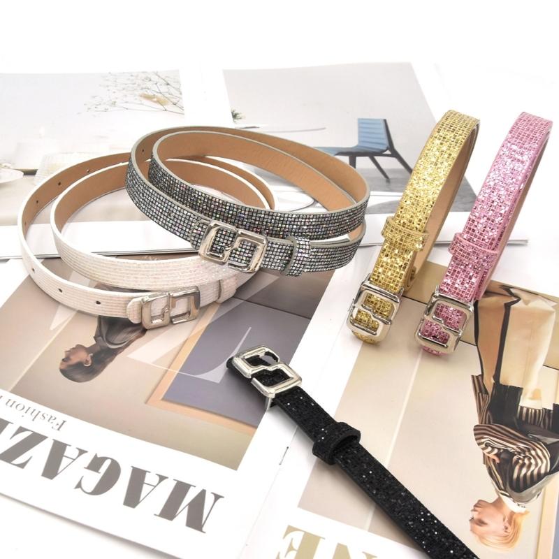 Stylish Thin Waistband For Women With Sequins High Quality PU Belt Multiple Colors Daily Wear