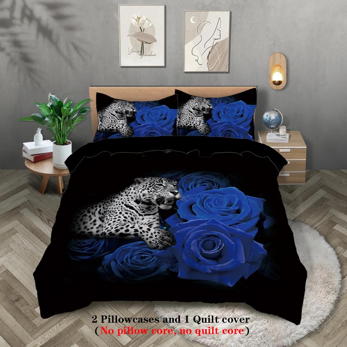 

3-Piece Down Duvet Cover With Modern Leopard Blue Rose Pattern Print (1 Duvet Cover+2 Pillowcases, No Core) Bedding Set EU Twin(135x200cm)