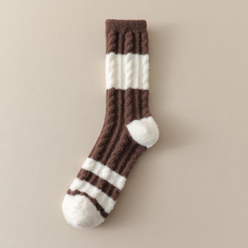Plush socks women's autumn and winter Maillard color warm plush thickened plush striped medium tube socks home sleeping socks