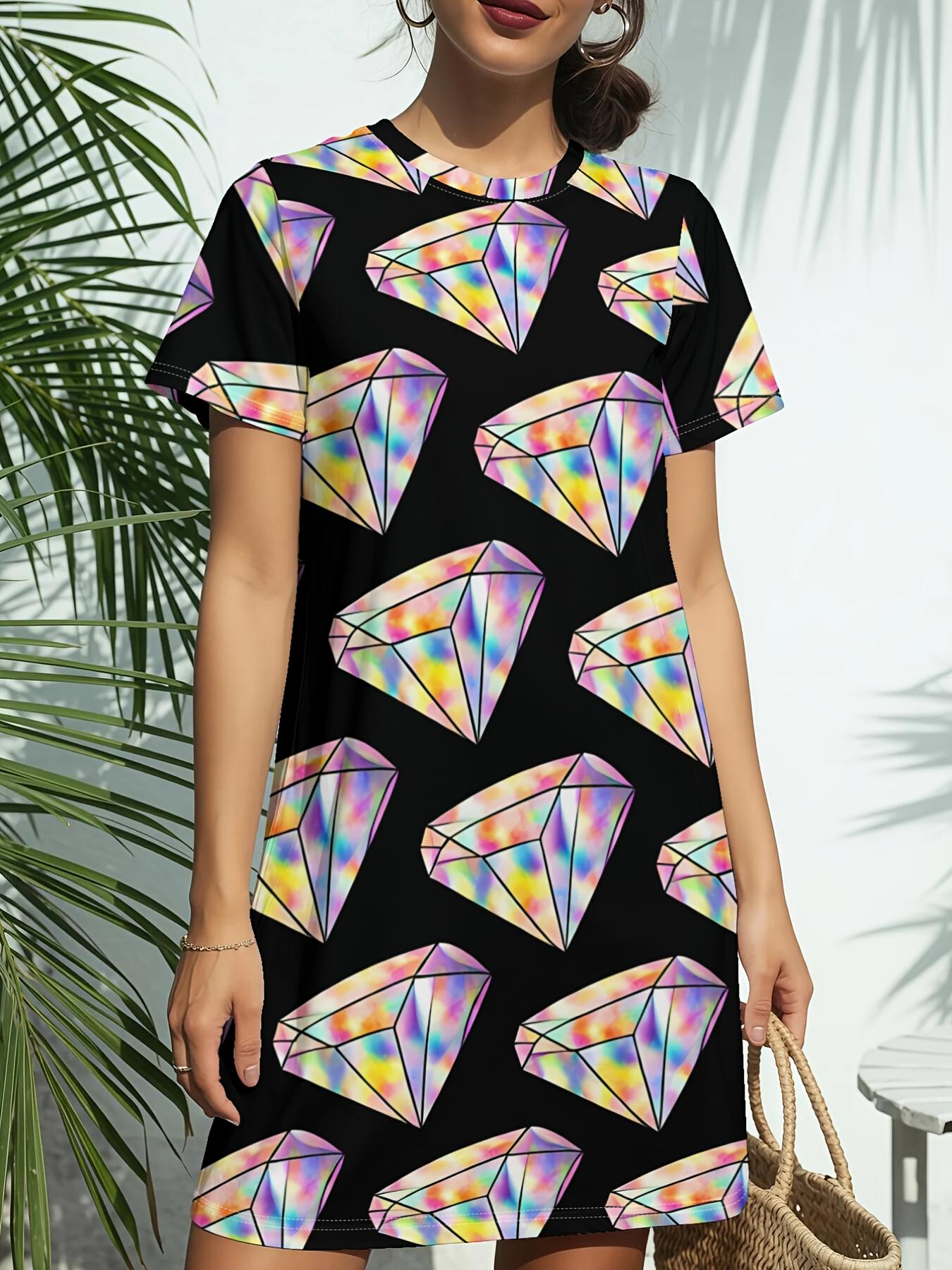 

Diamond Pattern Print New Women S Round Neck Short Sleeve T-Shirt Dress. American Style Trendy Digital Printing. Casual And Versatile for Spring And S XL дубильная кора