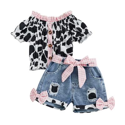 Toddler Girls Summer Outfit Cow Print Short Sleeve T-Shirt and Elastic Ripped Denim Shorts with Belt Set