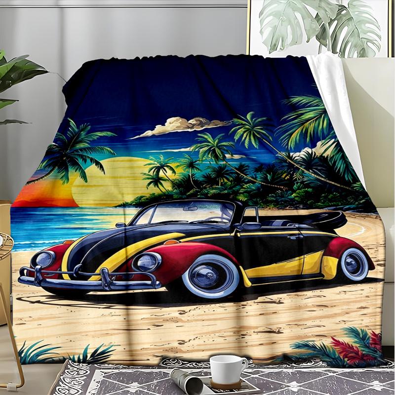 Miami Retro Sports Car Neon Scenery Fleece Printed Flannel Blanket, Warm Soft Throw Sofa Bed Blanket