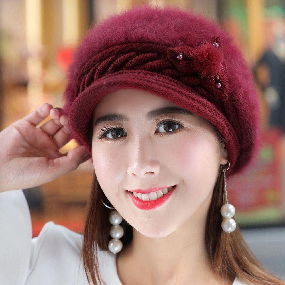 

Plush Keep Warm Cap Vintage Rabbit Fur Knitted Hat Accessories Knitted Visor Women вино красного
