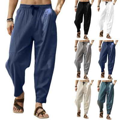 Men's Cotton Linen Baggy Long Trousers Wide Leg Elastic Waist Loose Harem Pants