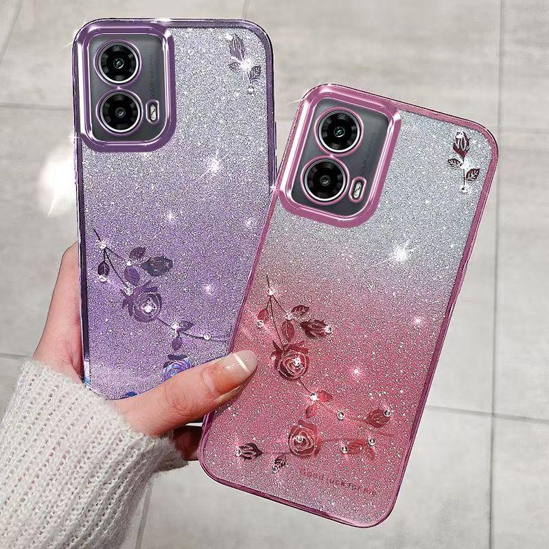 Funda de teléfono para Motorola Edge 50 Fusion 5G, protección contra golpes, transparente, con diseño de flores rosas y diamantes brillantes
