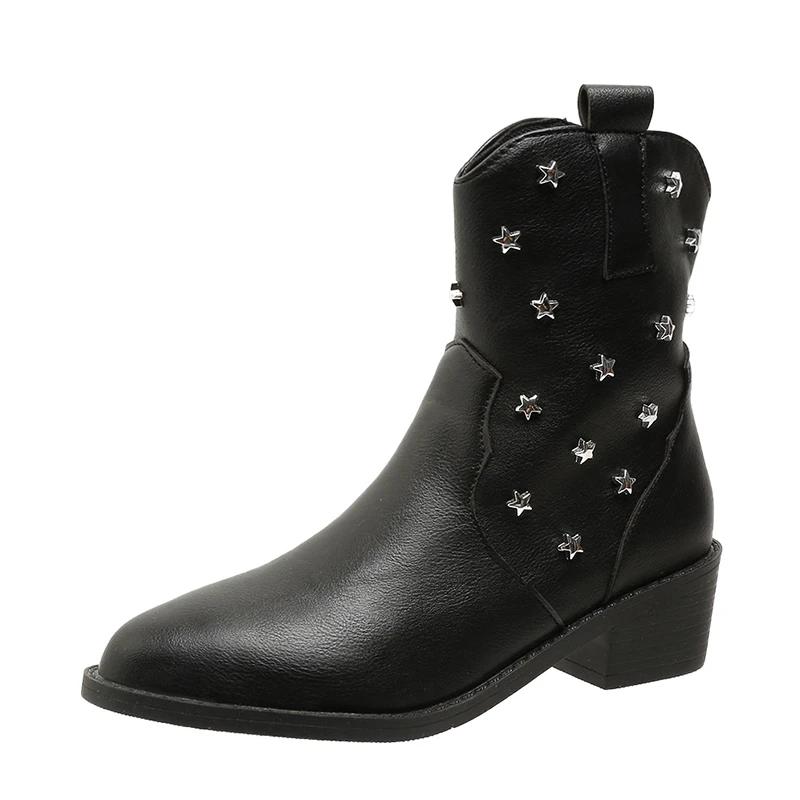 

Сучасні жіночі чоботи з однотонним квадратним каблуком до середини ікри. Модні зимові гумові жіночі туфлі без підборів. Чоботи з гострим носком на низькому каблуці 38 чорний