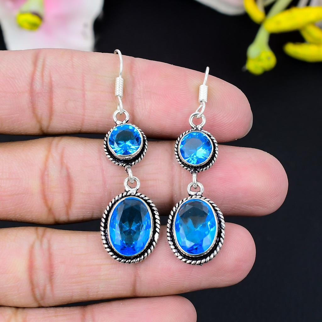 Swiss Blue Topaz Gemstone Handmade 925 Sterling Silver Earring 2.56" KG-416