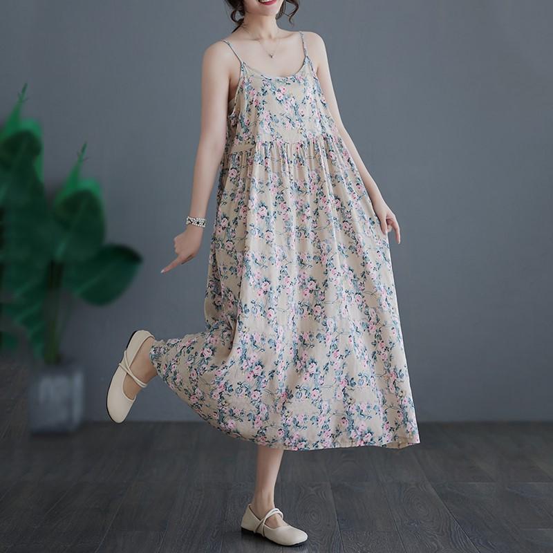 Sleeveless Strap Cotton Plus Size Vintage Floral New In Dresses For Women Casual Loose Long Summer Dress