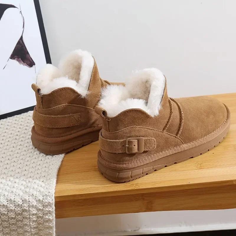 Fashion 2025 Snow Boots Women Cow Suede Furry Solid Color Round Toe Hook & Loop Flat With Winter Lasies Shoes Winter Footwear Plush Med