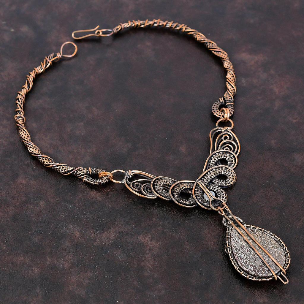 Dinosaur Bone Gemstone Necklace Copper Wire Wrapped Necklace Copper Jewelry Moonstone Necklace Anniversary Gift Handmade Wire Wrap Jewelry