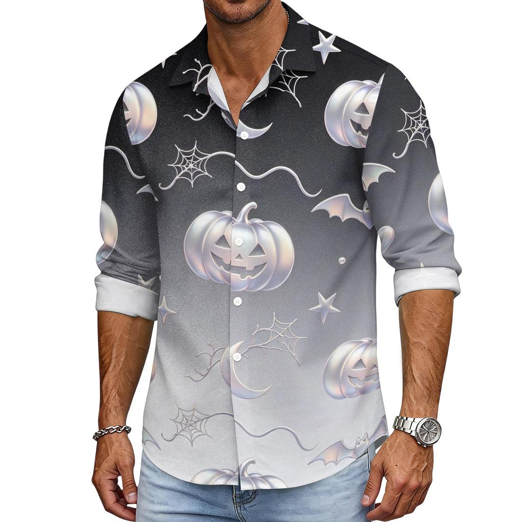 Men's Loose Fit Long Sleeve Shirt Halloween Design Breathable Casual Vintage Style Button Down Shirt for Spring and Autumn Outdoor Workwear