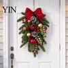 Rustic Pine Cone Red Berry Swag Christmas Teardrop Decoration, Artificial Wreath with Berries Cones Front Door Decoration And Bow for Door,
