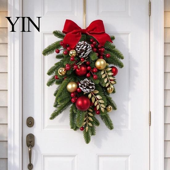 Rustic Pine Cone Red Berry Swag Christmas Teardrop Decoration, Artificial Wreath with Berries Cones Front Door Decoration And Bow for Door,