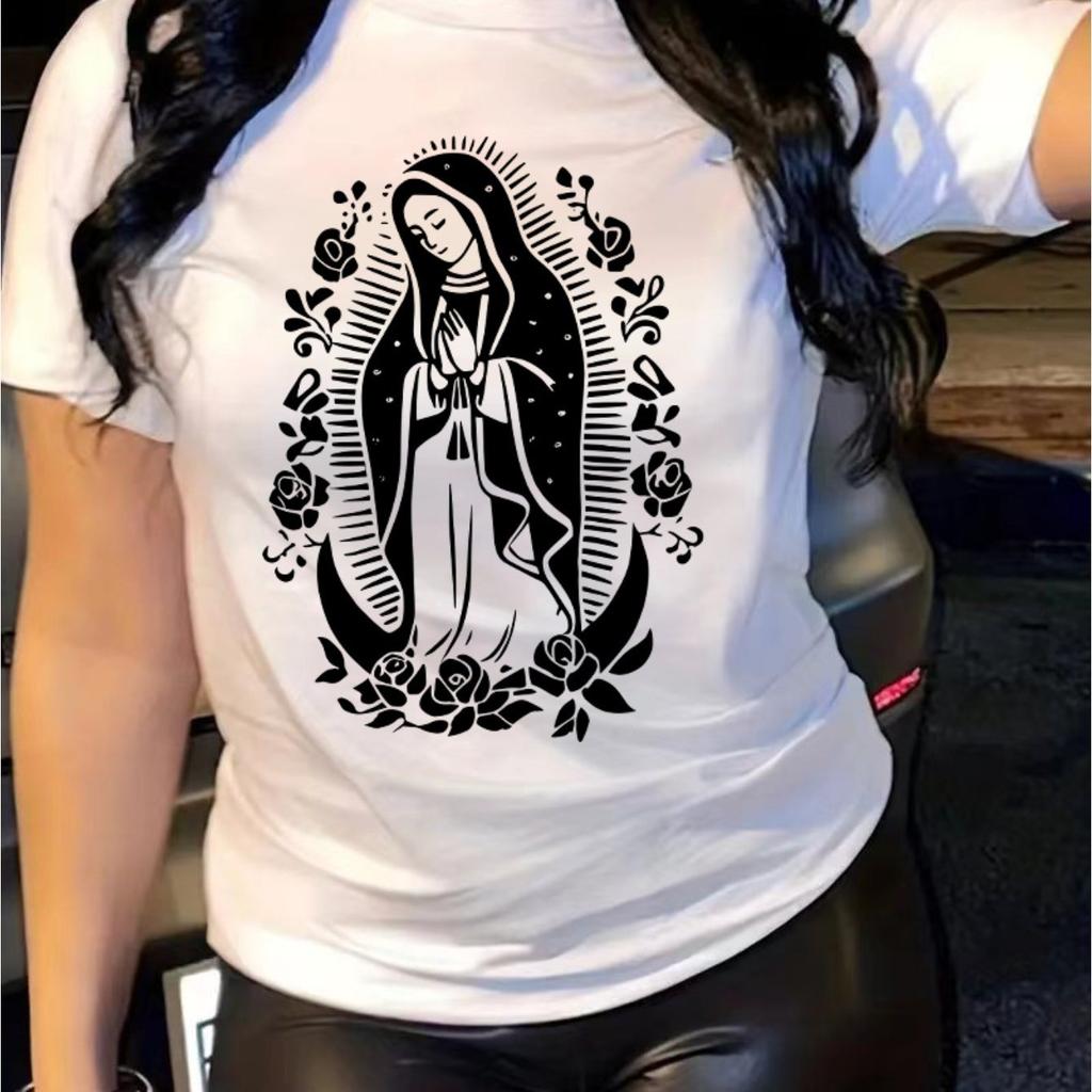 Women's casual short-sleeve T-shirt with floral prayer pattern, loose fit