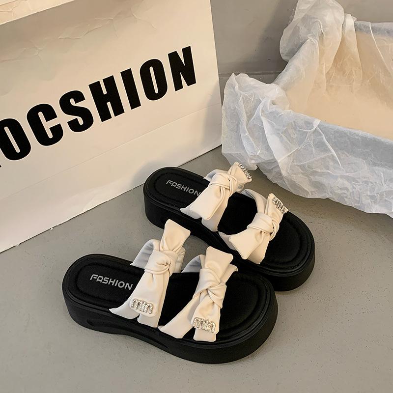 

Крутые шлепанцы с бантом женские 2025 новая летняя толстоподошвенная обувь для невысоких людей, увеличивающая рост и подходящая для ношения с юбками 40 бежевый
