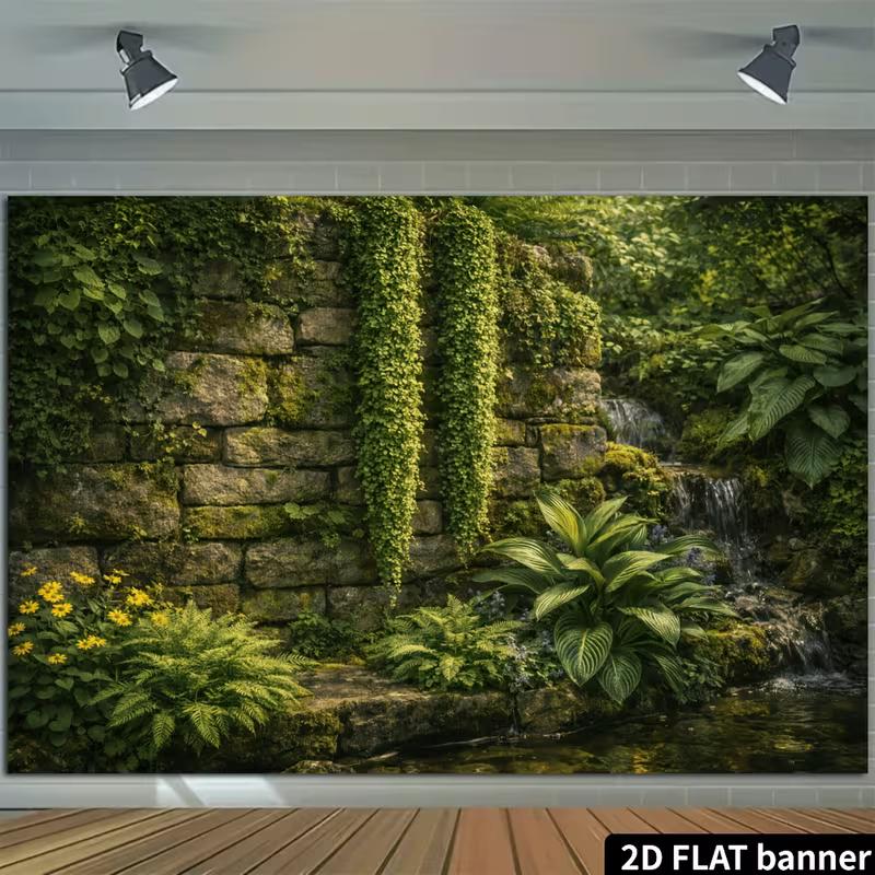 2D Vintage Courtyard Banner with Ferns and Yellow Flowers Photo Booth Background Cloth