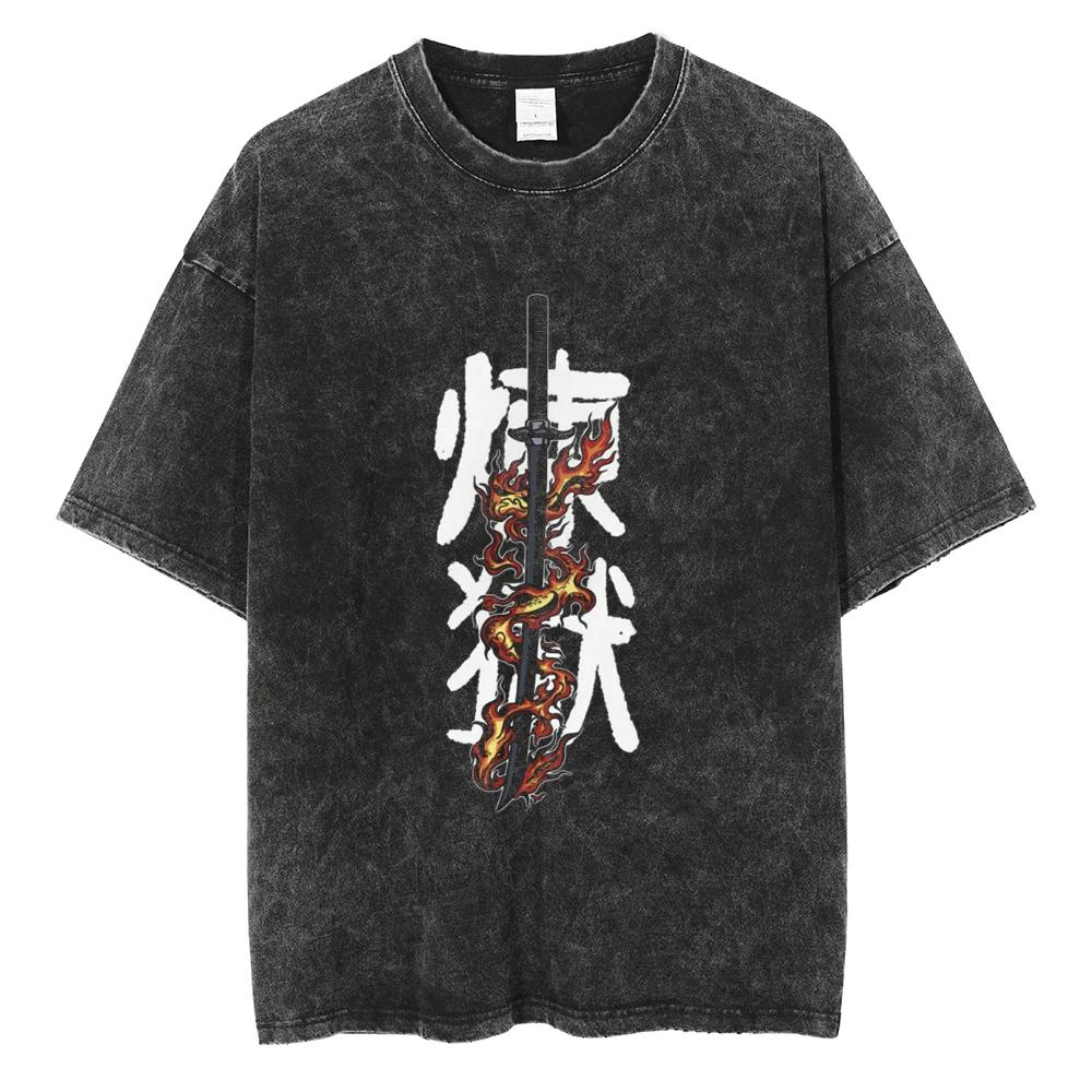 Fashion Anime Demon Slayer Rengoku Kyoujurou Men Washed Vintage T-shirt Summer Short Sleeve Cotton Casual Top Tee