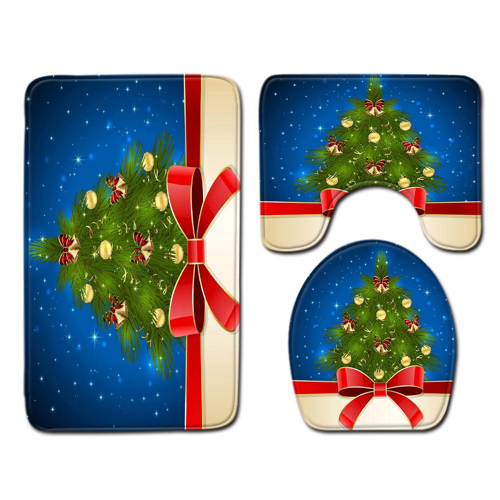 Christmas Shower Curtain Floor Mat Combination Four-Piece Set Bathroom Toilet Carpet Shower Room Mat Foot Mat