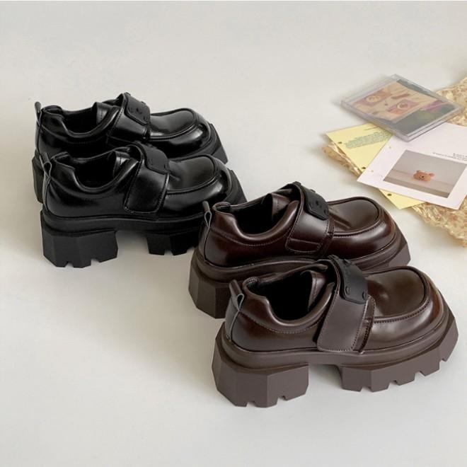 Retro Brown Thick Heel Platform Small Leather Shoes Women's 2025 New Versatile Skirt Velcro Heel Loafer Shoes
