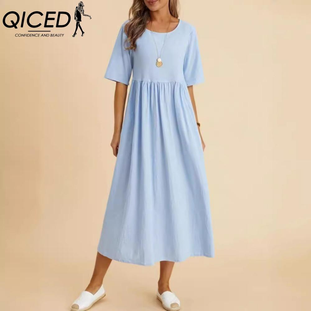 QICED Women Fashion Solid Color Dress Large Loose Cotton Linen Round Neck Midi Dress Five Piece Sleeves
