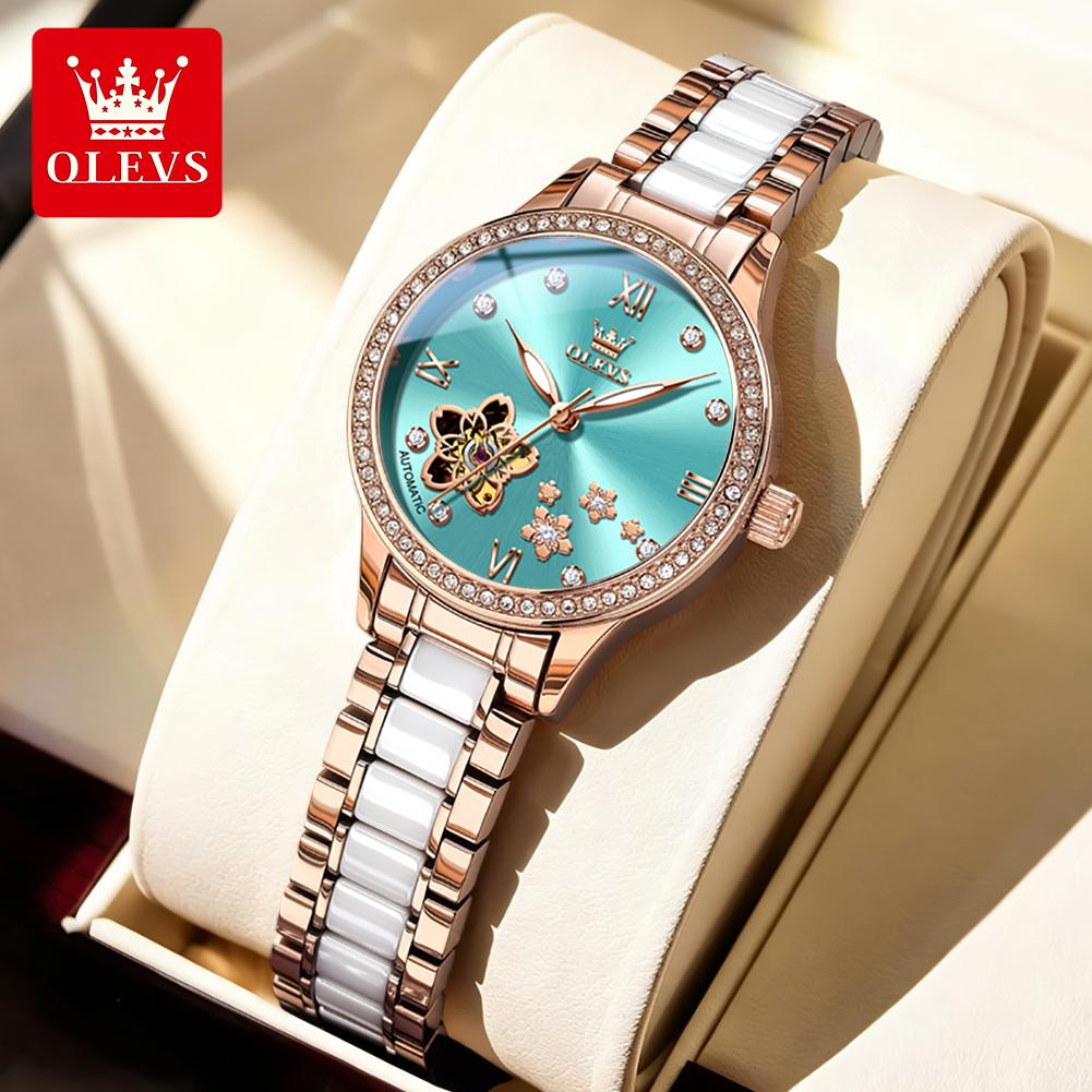 OLEVS Automatic Mechanical Woman Watch Hollowed Flower Design Ceramic Strap Diamond Bezel Luminous Waterproof Watches for Women