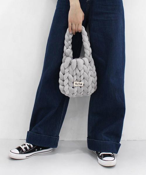 Acho Velvet Knitted Pompon Tote Bag_Gray