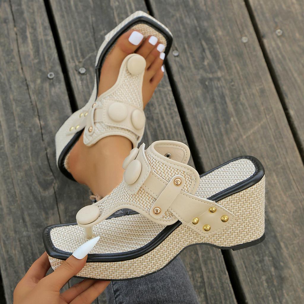 Large Toe Wedge Sandals, Summer New Style, Thick Heel, Metal Buckle Slippers, Beach Sandals