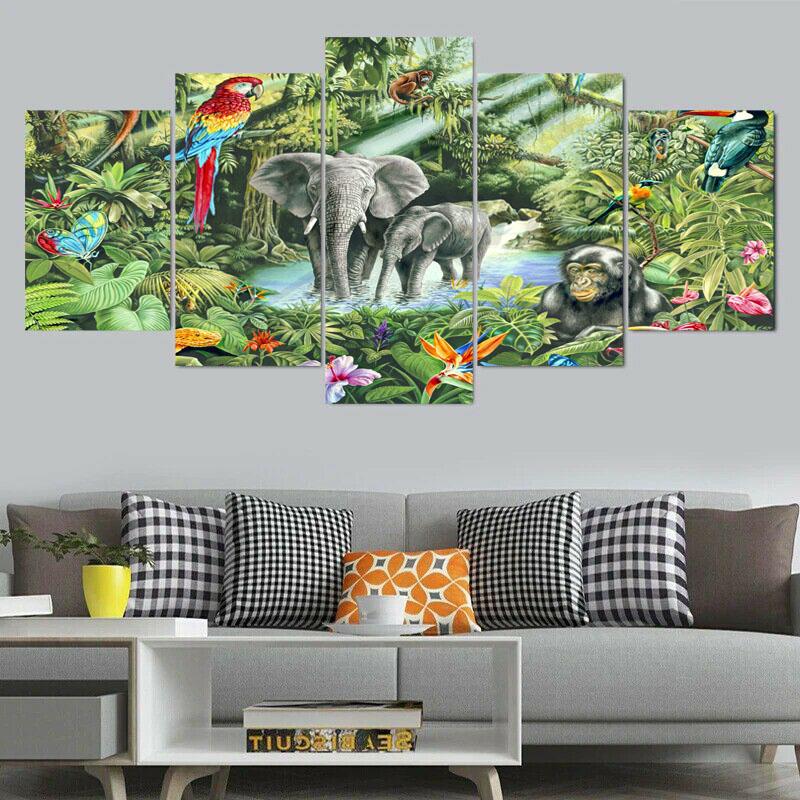 5Panels Tropical Jungle Plant and Animal Landscape Canvas Painting Posters and Prints Wall Art Home Decor for Kids Room No Frame