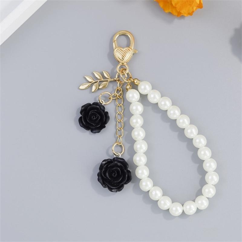 Unique Resin Flower and Pearls Chain Keychain Mobile Phone Pendant Stylish Key Accessory Elegant Bag Charm for Women