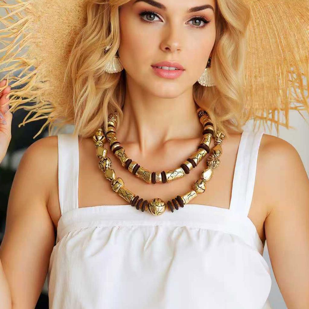 European and American Personality Vintage Maillard Geometric Unique Texture CCB Wood Beaded Double Layer Necklace Women