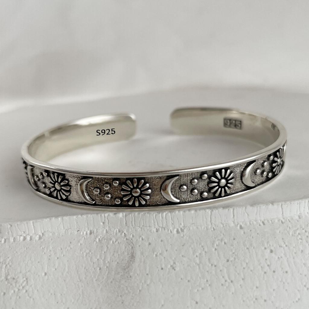 100% Solid 925 Sterling Silver Metal Bracelet for Women Vintage Handmade Simple Retro Black Stone Bracelet Birthday Gift Party