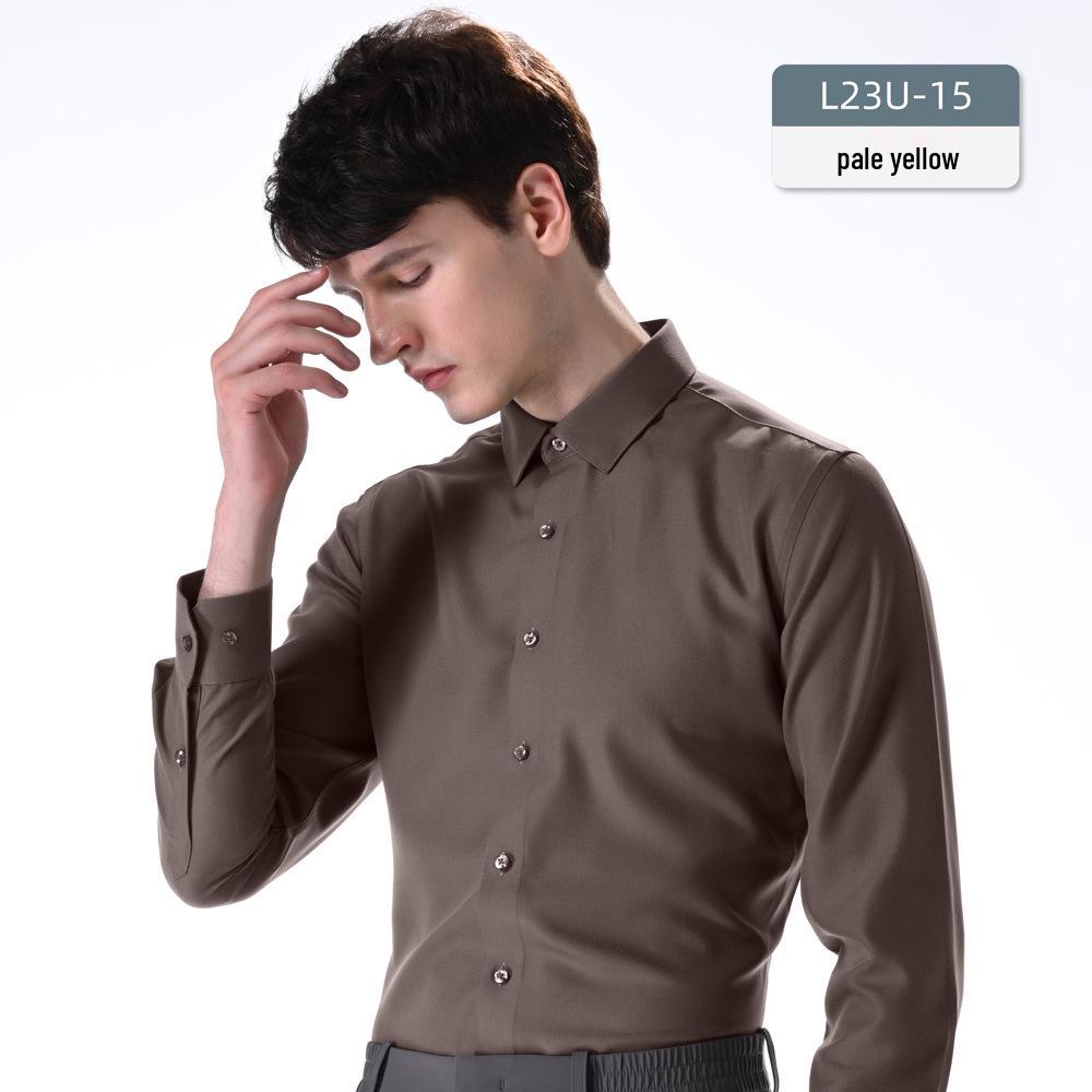 Men's Slim Fit Long Sleeve Modal Tencel Wool Shirt - Iron-Free, Machine Washable, Solid Color, Business Attire.