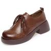 New Women's Genuine Leather Chunky Heel Lace-up Loafers - British Style, Round Toe, Soft Sole, Non-slip, Versatile for Spring/Autumn