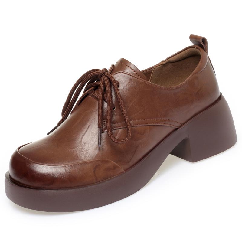 Neue Damen Echtleder Chunky Heel Schnür-Loafer - Britischer Stil, Runde Zehenpartie, Weiche Sohle, Rutschfest, Vielseitig für Frühling/Herbst